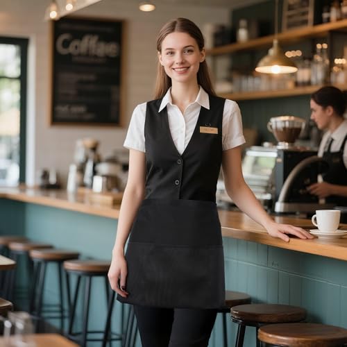 Serrenf 3 Pcs Server Apron with 3 Pockets, aprons for women with pockets, waterproof apron with waitress apron, aprons for men black apron