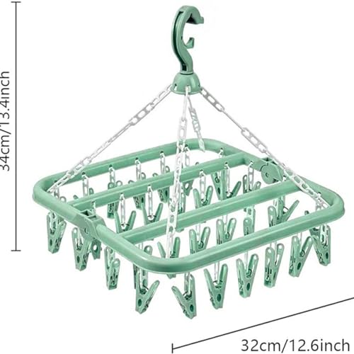 Clothes Drying Hanger with 32 Clips and Drip Foldable Hanging Rack (Light Green) - color: Light Green