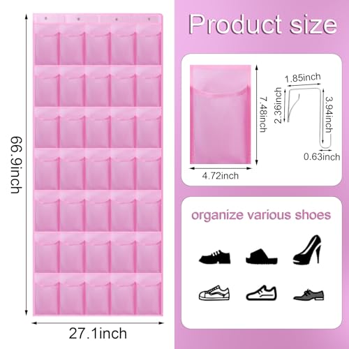 35 Pocket Over Door Shoe Organizer with 4 Metal Hooks(White) - color: Pink, size: 66.9" x 27"