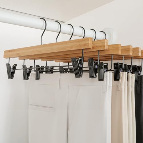 TOPIA HANGER Pants Hangers 20 Pack, Bamboo Clothes Hangers with Black Clips and Rotatable Hook, Durable Natural Wooden Hangers for Skirts, Pants, Jeans, Shorts - CTS06 - color: Bamboo Wood, size: 20 Pack