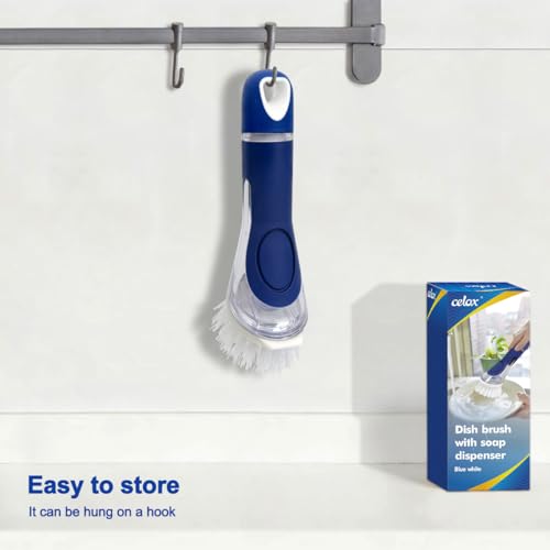 CELOX Dish Brush with Soap Dispenser, Dish Washing Wand for Kitchen - color: Dark Blue Handle , White Brush Head