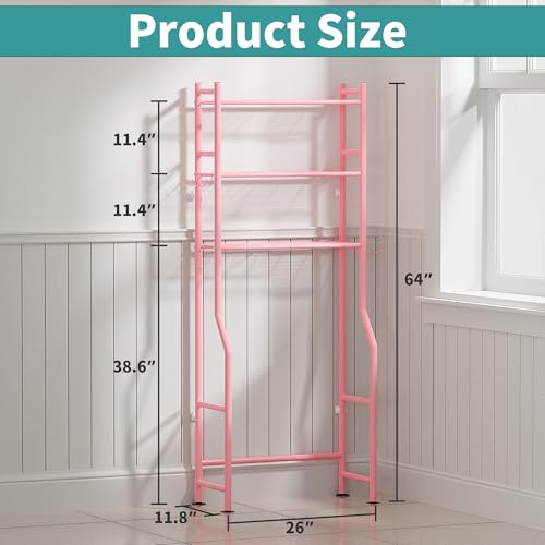 3-Tier Over The Toilet Storage Organizer, Space-Saving Bathroom Rack with Paper Holder & 4 Hooks, 64" Tall Freestanding Carbon Steel Shelf for Small Apartment Laundry Room (Pink) - color: C-pink