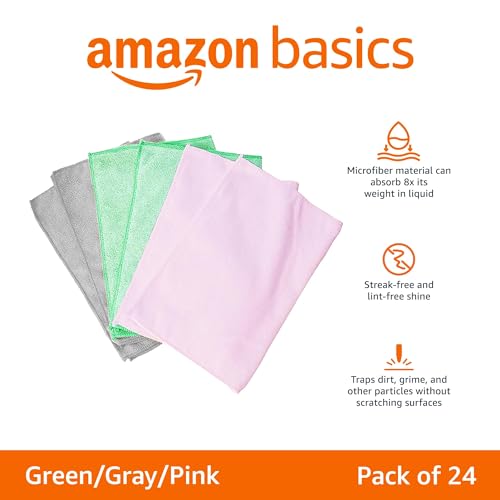 Amazon Basics Microfiber Cleaning Cloths, Ultra-Soft and Highly Absorbent, Streak-Free, Lint-Free, Scratch-Free, Washable, for Car Detailing and Glass Cleaning, 16" x 12", Green/Gray/Pink, 24-Pack - color: Green/Gray/Pink, size: 24-Pack