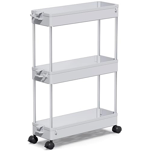SPACEKEEPER Slim Rolling Storage Cart, 3 Tier Bathroom Cart Organizer, Gray - color: Grey