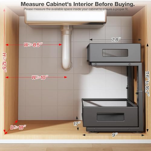 2 Packs 17IN Depth Under Sink Organizer, 2-Tier Pull Out Cabinet Organizer With Smooth Circular Rail, Large Capacity Metal Mesh Sliding Drawers For Bathroom& Kitchen Storage,Height Adjustable –Black - color: Black, size: 2 Pack-17"Dx11.6"-16.7" H