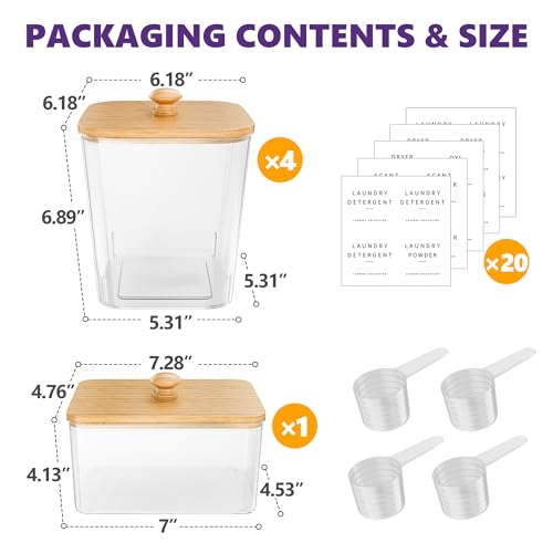 Moforoco 4+1 Pack Bamboo Laundry Pods Container, Acrylic Clear Laundry Room Organization Containers,Large Laundry Pods Holder for Scent Booster Detergent Powder Storage Containers Lids & Labels - color: Bamboo, size: 4+1 pack