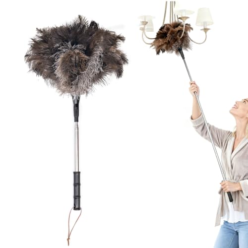 Extendable Ostrich Feather Duster - Fluffy Long Handle Reusable Feather Duster for Cleaning Ceiling Fan,Pendant lamp, High Ceiling, Blinds, Furniture (New) - color: Black