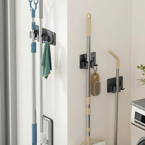 Wall Mounted Mop Holder Stainless Steel Mop and Broom Holder Self Free Brush Holder with Hanger Hook Kitchen Tool Mop Hanger Hook Adjustable Mop Holder Stainless Steel Hooks