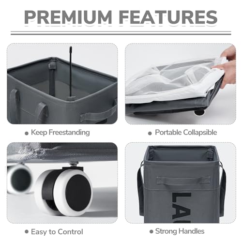 CHICVITA 75L Large Rolling Laundry Basket with Wheels & Wash Bag, Grey - color: Grey, size: 75L (15.7"L x 11.8"W x 24.8"H)