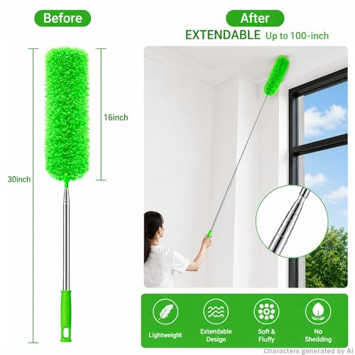 AZUN Microfiber Duster for Ceiling Fans, 30-100 in Telescoping Pole, Green - color: Green