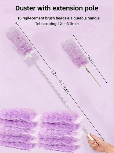 Heavy Duty Duster Refills, Disposable Dusters Kit for Cleaning Dusting Furniture Blind Ceiling Fan, Multi Surface 360 Feather Duster(10)+3FT Extended Handle(1) (pueple) - color: Pueple