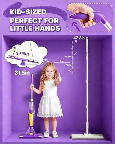 Kids Spray Mop, Fun & Functional Toddler Mop Cleaning Set,Real Working Mini Mop, Pretend Play Toy –Includes Spray Bottle,Washable Microfiber Pads, Montessori Kids Cleaning Toy Set