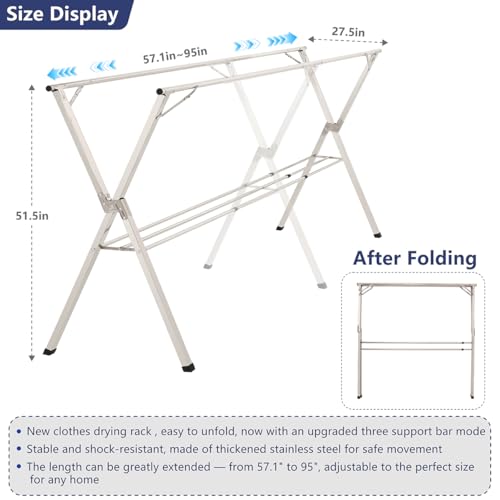 95 inches Foldable Clothes Drying Rack, Stainless Steel Indoor Outdoor Use - size: 95