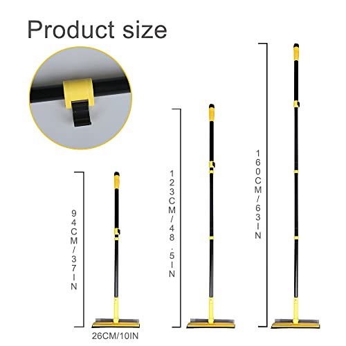 Long Handle Window Squeegee,2-in-1 Glass Squeegee Have 63" Adjustable Soft Rubber Blade & 10" Absorbent Sponge Head for Car Windshield, Gas Station, Shower and Glass,Yellow