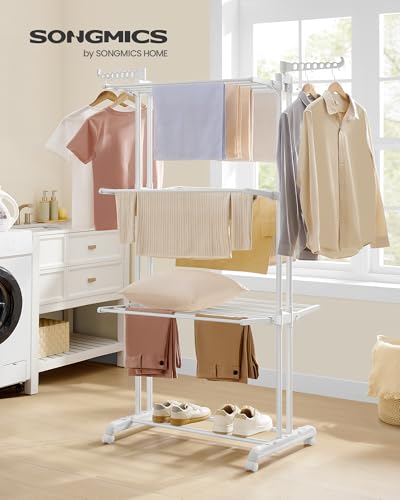 SONGMICS 4-Tier Clothes Drying Rack, Foldable, Rolling, 66.6-Inch Tall - color: White + White, style: 4-Tier