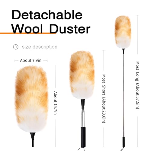 Lambswool Feather Duster with Extension Pole up to 57.5inch,Extendable Feather Duster Used for Cleaning High Ceiling Fan, High Ceilings,Furniture,Hard to Reach Areas - size: 23.6-57.5inch