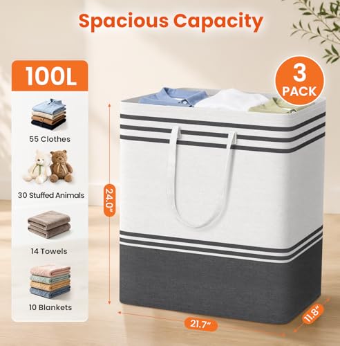 TranquilRelax 3-Pack Laundry Basket, Laundry Hamper, Grey-100L - color: Grey, size: 100L