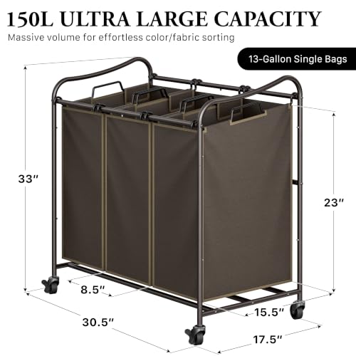 Simple Houseware Heavy Duty 3-Bag Laundry Sorter Rolling Cart, Bronze - color: Bronze