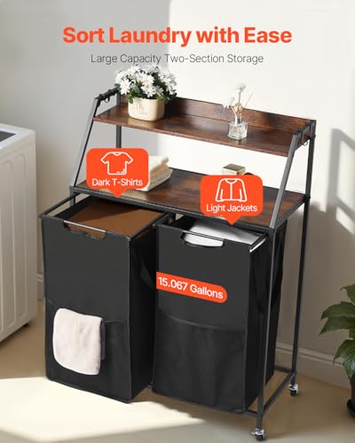 VEVOR 2 Tiers Laundry Sorter, Tall Laundry Hamper with Metal Frame and Wooden Tabletop, 2 Section Rolling Basket Organizer Storage with Ladder Shelves and 600D Oxford Cloth Bags for Dirty Clothes - style: 2 Tiers