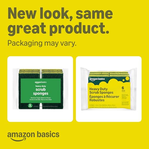 Amazon Basics Heavy Duty Dual-Sided Scrub Sponges, Reusable, 4.4 x 2.7 x 0.8 in, Yellow/Green, 6-Pack - size: 6-Pack, style: Heavy Duty