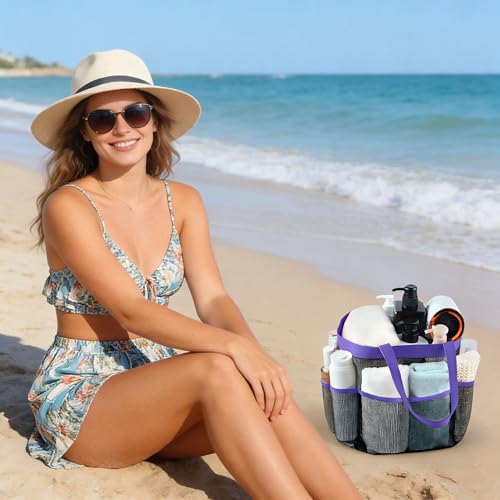 Mesh Shower Caddy Portable - 9 Pockets, Shower Bag for Dorm Room Camping - color: Purple