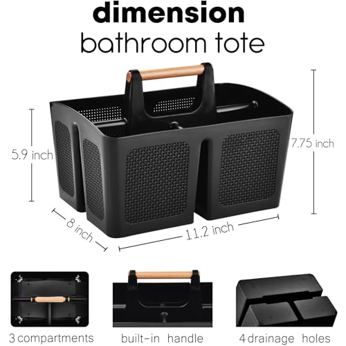 ALINK Portable Shower Caddy Basket with Compartments, Plastic Divided Cleaning Caddy Organizer Storage Tote with Handle for Bathroom, College, Dorm Room Essentials, Black - color: Black