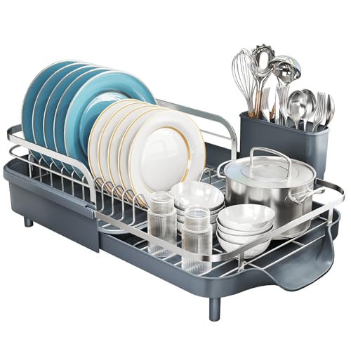 SNTD Expandable Dish Drying Rack for Kitchen Counter, 15.2-22.1 in, Gray - color: Gray