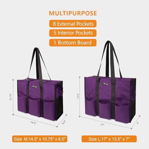 TOPDesign Utility Water Resistant Tote Bag with 13 Pockets, Zipper Closure - color: Purple, size: Large