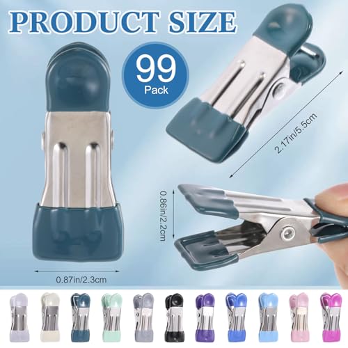 99 Pcs Heavy Duty Clothes Pins 11 Colors Metal Clothespins for Photo Display 2.17 Inch Stainless Steel Chip Bag Clips with Rubber for Laundry Clothesline, Kitchen Food Sealing, Office Paper