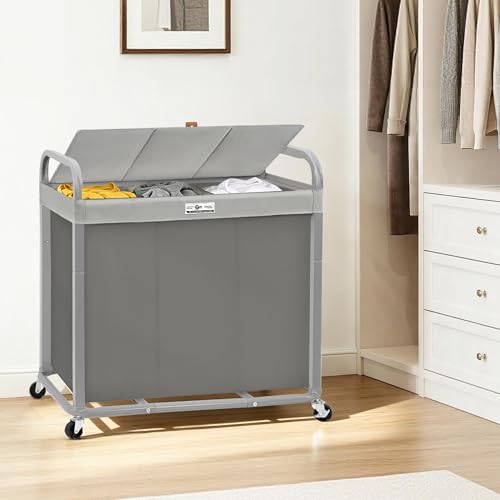 STORAGE MANIAC Laundry Hamper 3 Section with Lid Rolling Laundry Basket - color: Gray