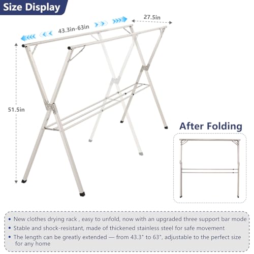 63 inches Foldable Clothes Drying Rack, Stainless Steel Indoor Outdoor Use - size: 63
