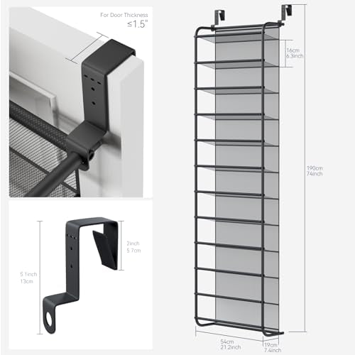 Whitmor 36 Pair Over the Door Shoe Rack,12 Tier Hanging Shoe Organizer with Metal Frame & Mesh Shelves, Heavy Duty Shoe Storage Holder for Door, 74" H x 21.7" W x 7.5" D, Gunmetal Gray - color: Gunmetal Gray