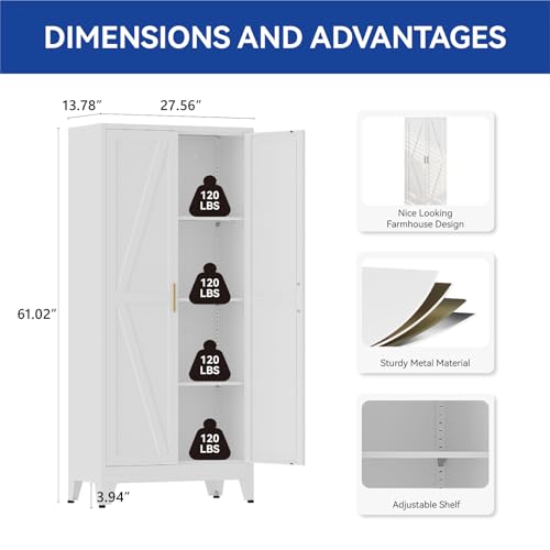 COFaR Metal Pantry Cabinet with Doors, Farmhouse 61'' Tall Storage Cabinet with 3 Adjustable Shelves, Kitchen Pantry Cabinet for Dinning Room, Laundry, Bathroom, Garage, White 4-Tier - color: White, size: 13.78''D ×27.56''W × 61.02''H-L06