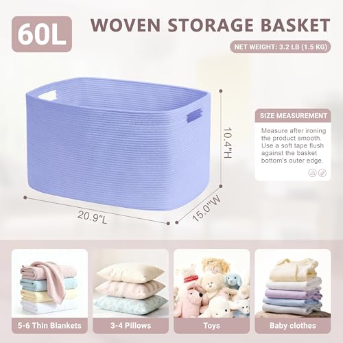 60L Woven Laundry Basket Hamper with Handles, Blue Purple - color: Blue Purple, size: 60L
