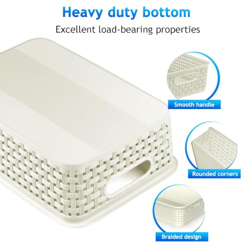 FUCDTEFC White Plastic Basket, 8 Pack Home Organization and Storage Baskets with Handles, Space Saving Woven Organizer Bins Plastic Storage Basket for Organizing Cabinets,Closets, Shelves, Countertops - color: 8 Pack Large White