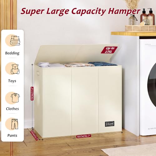 175L Laundry Hamper 3 Section,Large Laundry Hamper with Lid,Dirty Clothes Hamper with 3 Inner Bags,Collapsible Laundry Basket Organizer for Laundry Room,Bedroom,Laundry Sorter Hamper 3 Compartment - color: Beige, size: 175L