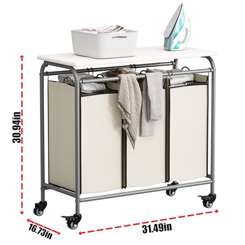 LINZINAR 3-Bag Laundry Hamper with Ironing Board, Beige 135L Laundry Sorter - size: 3 Bags Beige with Board