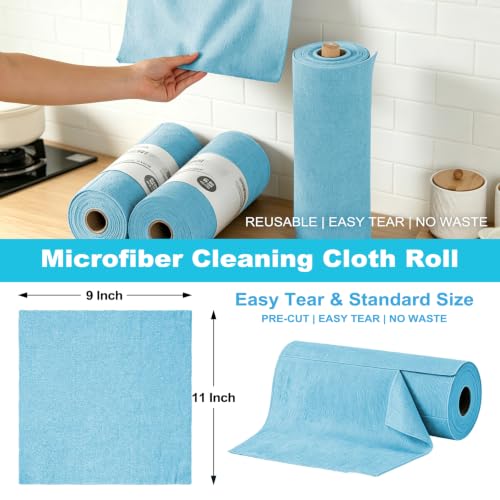 Puomue 55 Pack Microfiber Cleaning Cloth Roll, Tear Away Reusable Paper Towels, 11" x 9", Ultra Absorbent & Lint Free Microfiber Cloth for Cleaning Cars, Kitchen, Window, Home and Shop, Blue - color: Blue, size: 9”x11”-55PK