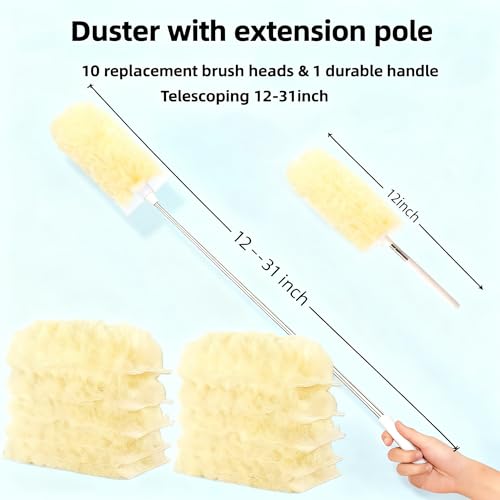Heavy Duty Duster Refills, Disposable Dusters Kit for Cleaning Dusting Furniture Blind Ceiling Fan, Multi Surface 360 Feather Duster(10)+3FT Extended Handle(1) (Yellow) - color: Yellow