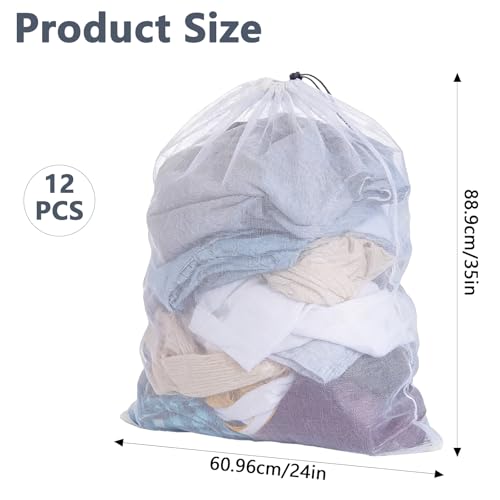 12 Pack Mesh Laundry Bag with Drawstring Closure, 24" x 35" Heavy Duty Extra Large Laundry Bags for Travel, Storage, College, Dorm and Apartment Dwellers, Machine Washable