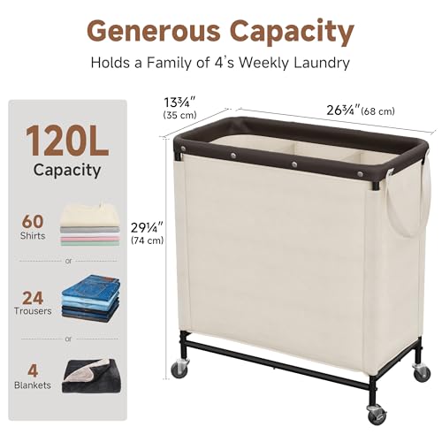 StorageWorks 3 Section Laundry Hamper, 120L Beige Sorter Cart with Wheels - color: Beige, size: 120L(3-Section)