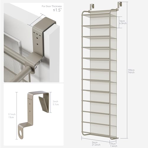 Whitmor 36 Pair Over the Door Shoe Rack,12 Tier Hanging Shoe Organizer with Metal Frame & Mesh Shelves, Heavy Duty Shoe Storage Holder for Door, No Drill Installation, 74" H x 21.7" W x 7.5" D, Mocha - color: Mocha