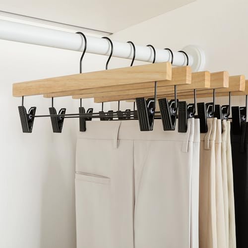 TOPIA HANGER Pants Hangers 20 Pack, Wooden Clothes Hangers with Black Clips and Rotatable Hook, Durable Natural Rubber Wood Hangers for Skirts, Pants, Jeans, Shorts - CTS05N - color: Rubber Wood, size: 20 Pack