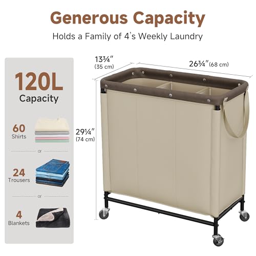 StorageWorks 2 Section Laundry Hamper, 120L Tan Sorter Cart with Wheels - color: Light Khaki, size: 120L(3-Section)