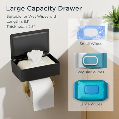 FORIOUS Toilet Paper Holder with Shelf, Wall-Mounted Modern Wipes Dispenser - color: Matte Black & Brushed Gold, size: Big 1 Pack-8" (L)