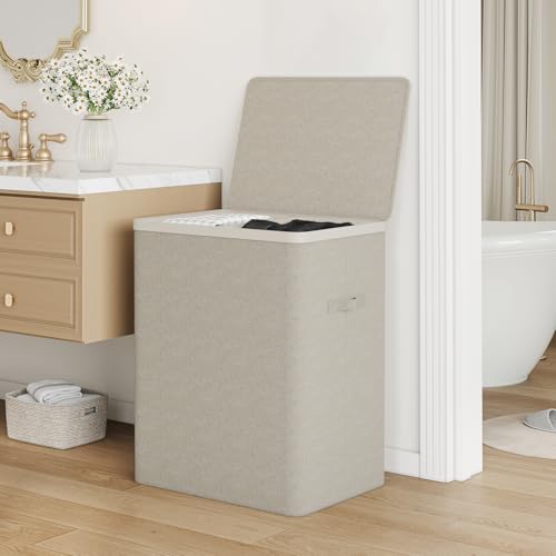Double Laundry Hamper with Lid, 150L Large Laundry Basket 2 Compartments - color: Beige