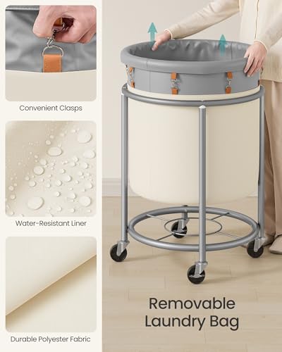 SONGMICS Laundry Basket with Wheels, 190 L, Steel Frame, Removable Bag - color: Dove Gray + Cream White, size: 190 L (1-Section)