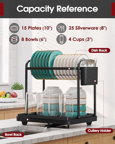 Sakugi 2-Tier Dish Drying Rack - Stainless Steel Dish Rack with Cutlery & Utensil Holders for Kitchen Counter, Sink Organization and Storage for Small Family, 15" W x 11.4" L x 15" H, Black - color: Black, size: Large