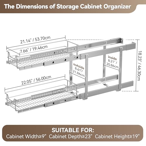 2 Tier Pull Out Cabinet Organizer 9" W X 22" D, Chromed, Full Slide Out - color: 2 Tier - Chrome-Plated, size: 9" W X 22" D