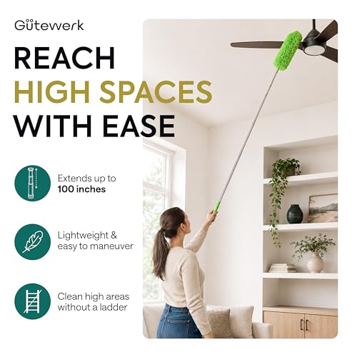 Gütewerk Cobweb Duster with 100" Extension Pole, 360° Bendable, Green - color: Green, size: up to 100 inch